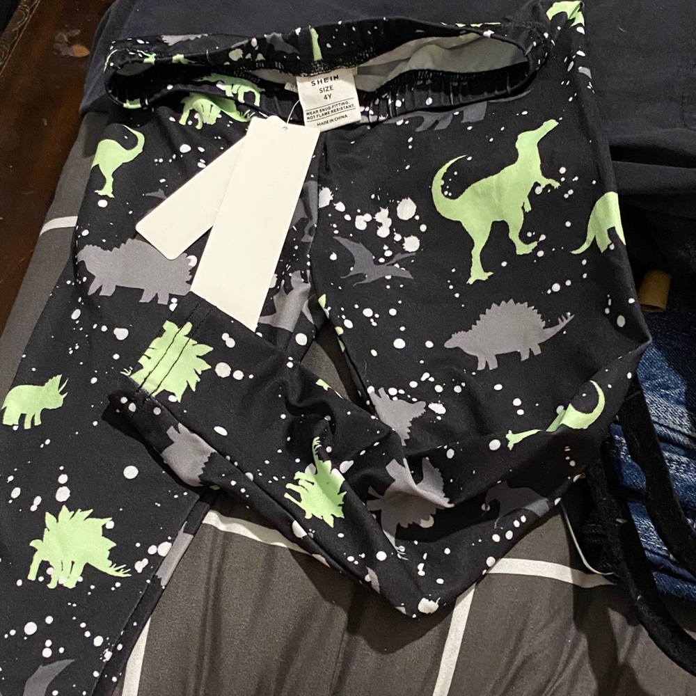 SHEIN Black and Lime Dinosaur Pattern Leggings